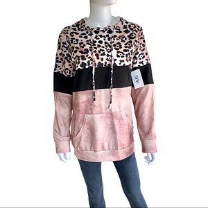 Pink & Black Color Block Leopard Print Hoodie